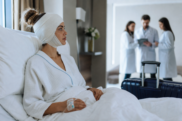 Paciente em recuperação hospitalar após cirurgia estética realizada durante viagem internacional