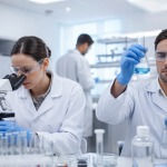 Pesquisadores analisam amostras em laboratório farmacêutico durante o desenvolvimento de novos medicamentos