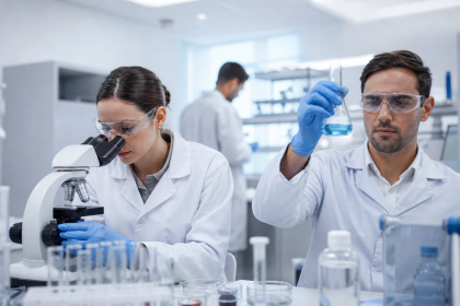 Pesquisadores analisam amostras em laboratório farmacêutico durante o desenvolvimento de novos medicamentos